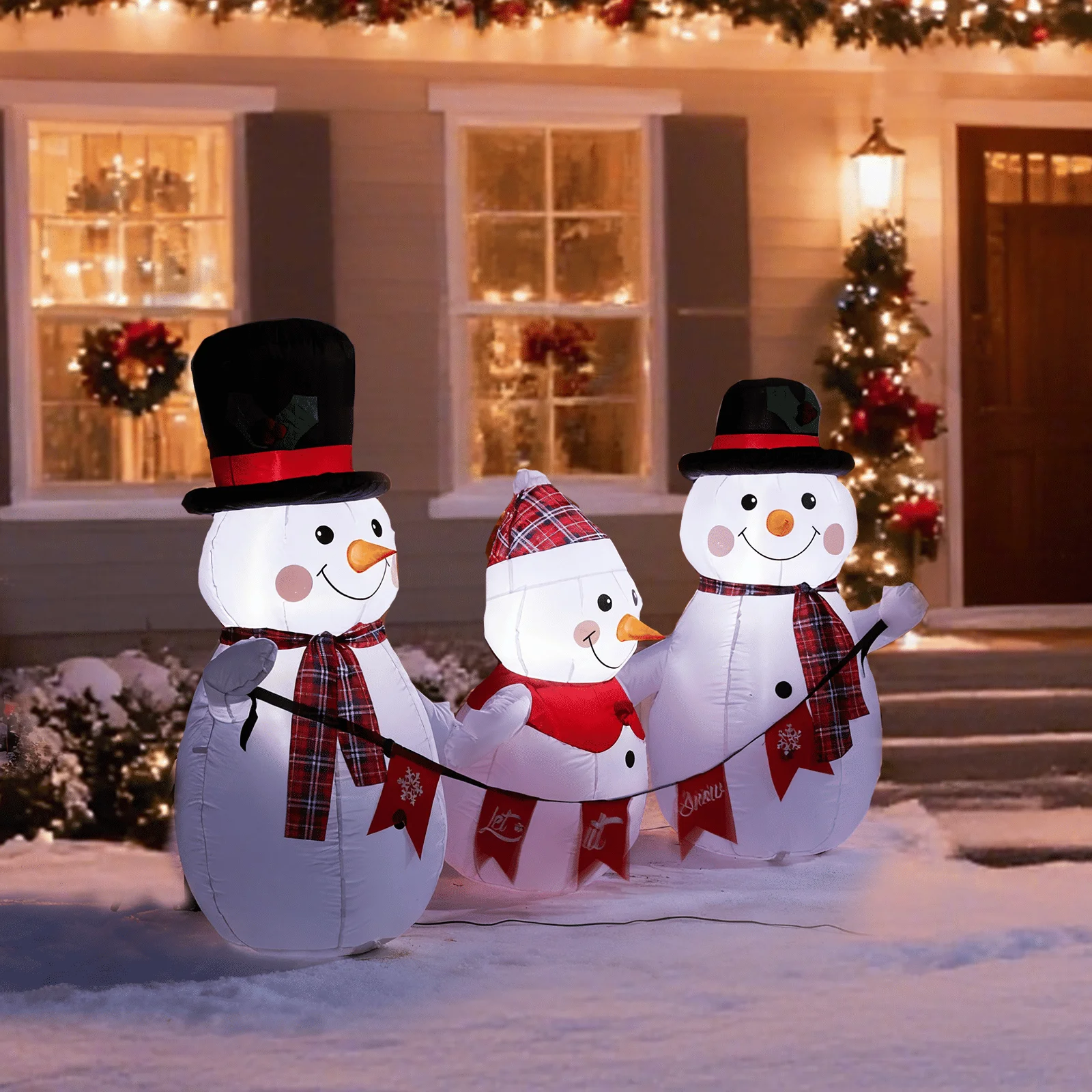 6.2FT Lighted Christmas Inflatable Decoration, Snowman Family with Bunting, Funny Blow Up Yard Built-in LED for Holiday Party