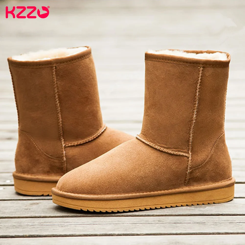 KZZO Women Classic Basic Australia Genuine Leather Snow Boots Natural Sheep Wool Lined Winter Non-Slip Shoes