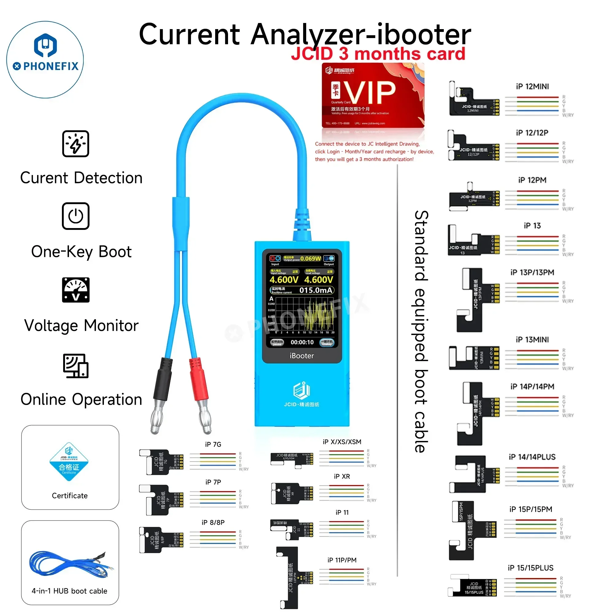 JCID Intelligent Drawing Current Analyzer-IBooter Current Analyzer Voltage Monitor One-click Start for IPhone 7-15 Pro Max