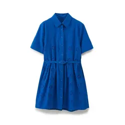 Women's 2024 New Chic Temperament Fashion Belt Accessories Embroidered Shirt Dress Retro Short-sleeved Dress Vestidos Mujer