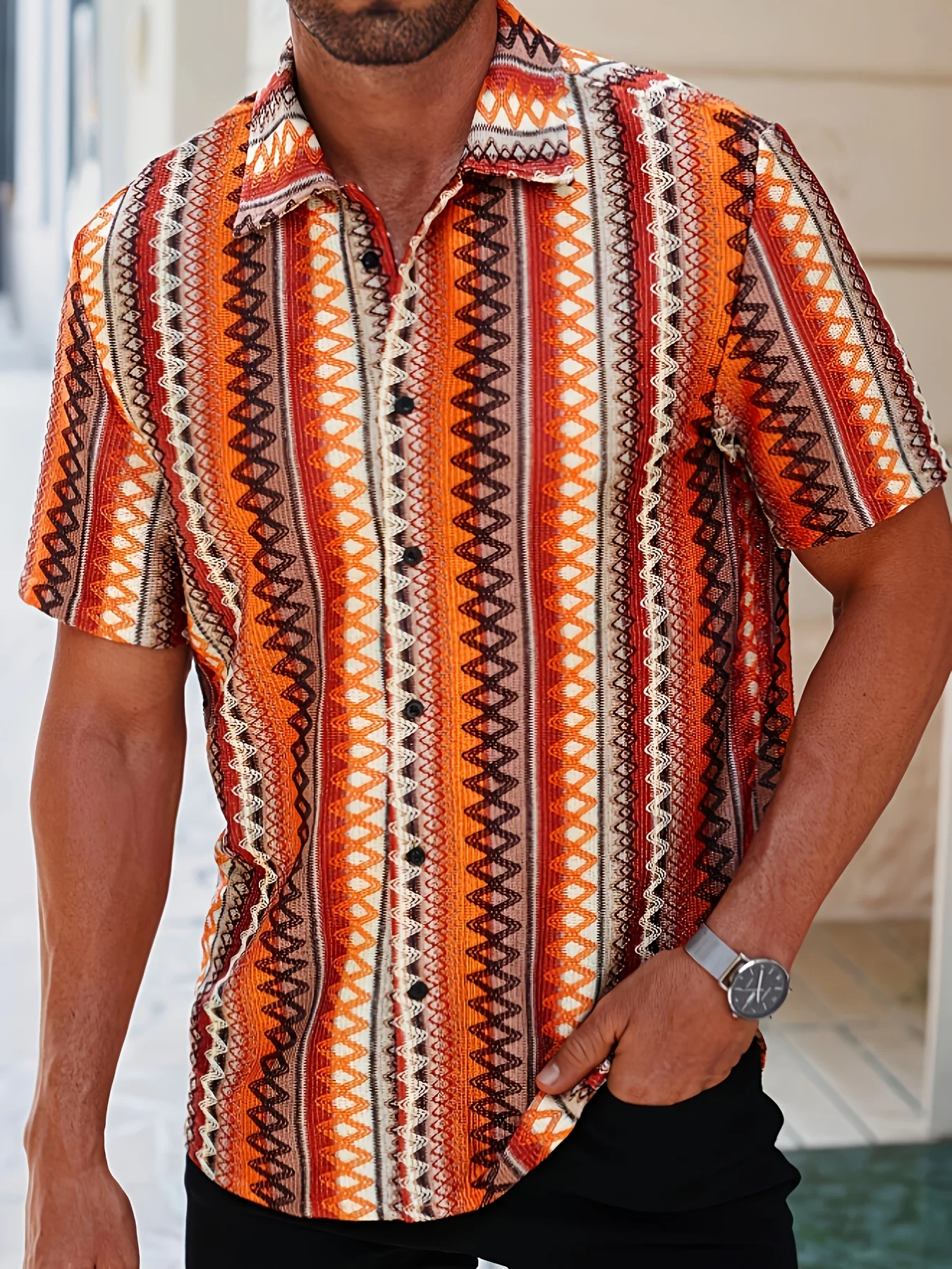 

Digital printed ethnic style short sleeved shirt for men's leisure vacation summer colorful beach shirt