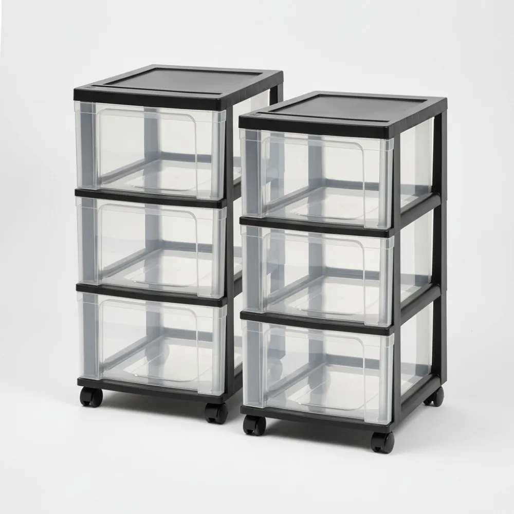 عربة تخزين دوارة ذات 3 أدراج مع عجلات، منظم ضيق نحيف لمكتب نوم الحمام في الفصل الدراسي، عبوتان أسود/شفاف