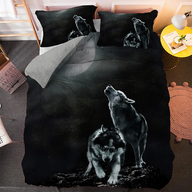 3-piece set, wolf and moon pattern printed bedding set, queen, king, double bed, for bedroom, guestroom, hotel, home decoration