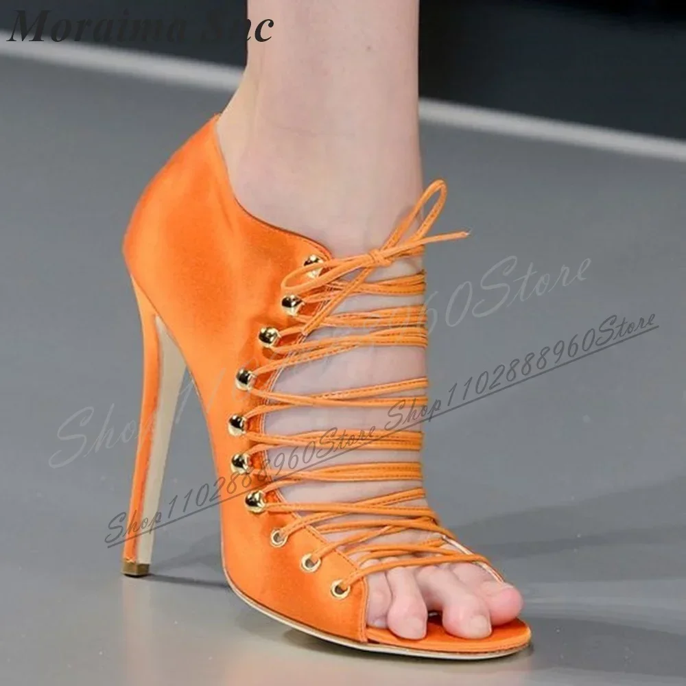 

Luxury Orange Cloth Catwalk Pumps Thin High Heel Shoes For Women Cross Tied Peep Toe 2024 Fashionable Zapatos Para Mujere