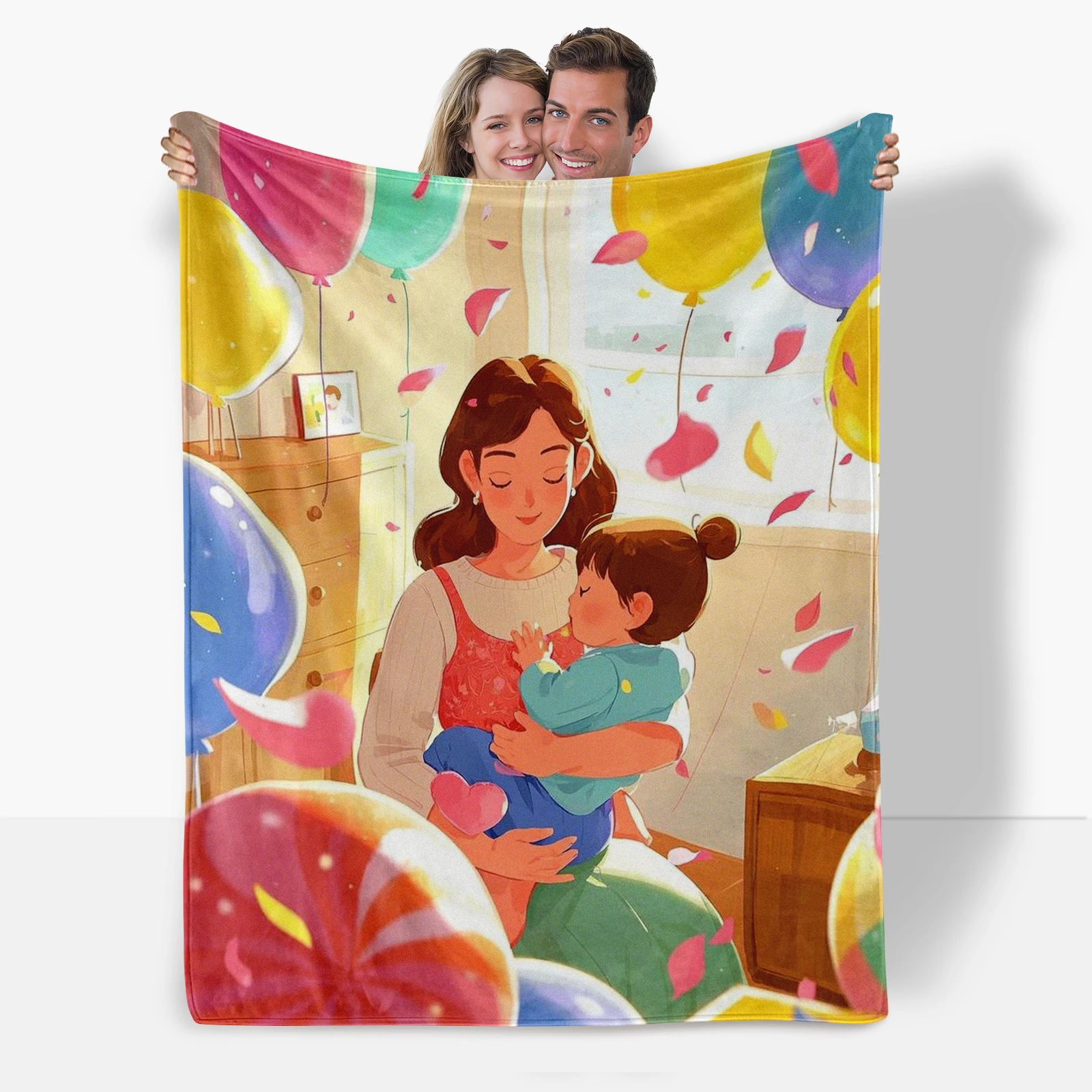 Mothers Day Flannel Blanket Featuring Cartoon Mother And Child With Balloons And Heartfelt Wishes For Mom