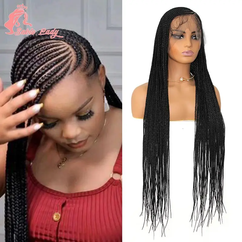 

Synthetic Full Lace Front Wig Cornrow Double Braided Wigs For Black Women Box Side Part Braided Lace Wig Faux Locs Braids Wigs