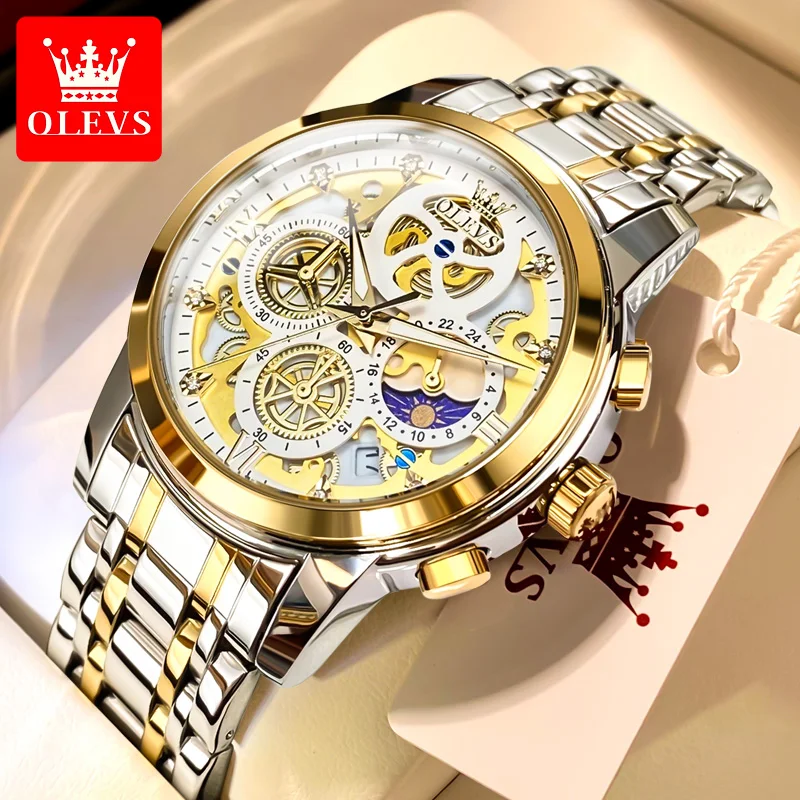 OLEVS Men\'s Quartz Watch Skeleton Stainless steel Waterproof Luxury Business Luminous Gold Watch Quartz Men\'s Watch Reloj Hombre