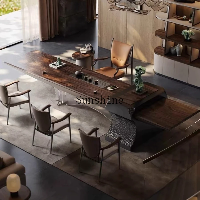 

Black walnut tea table light luxury home villa high-end new Chinese suspension office boss luxury stone