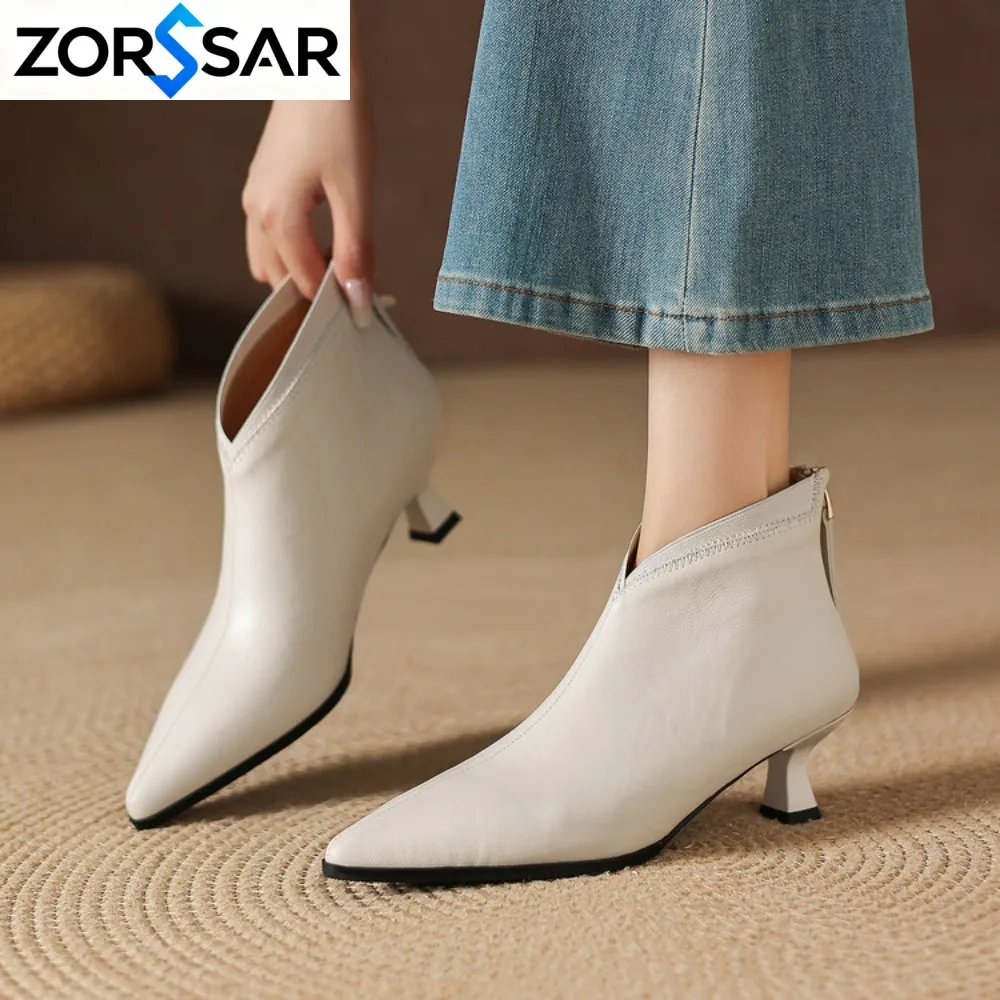 Fashion Winter High Quality Genuine Leather Women Ankle Boots Street Style Pointed Toe Thin Heels Ladies Botines