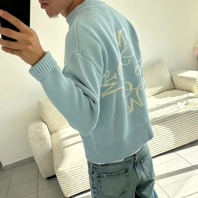 

Elegant Embroidery Letter Light Blue Mock Neck Long Sleeve Loose Knit Sweater Y2K Men Women Fashion Casual Streetwear Warm Top
