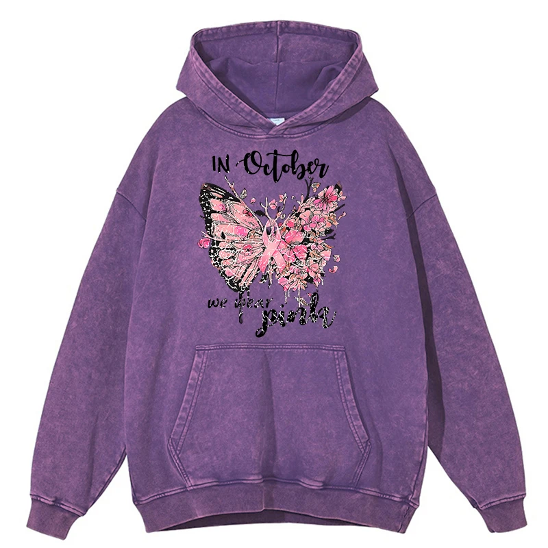 Retro Distressed Wash In October We Wear Pink Ribbon Butterfly Flowers Clothing Men Hooded Autumn 100% Cotton Warm Sweatshirts