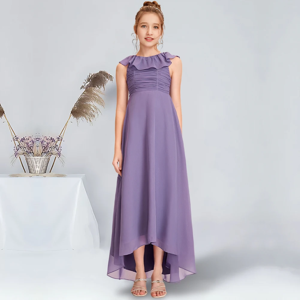 A-line Scoop Cold Shoulder Asymmetrical Chiffon Junior Bridesmaid Dress Tahiti Flower Girl Dress for Wedding Party Dresses Teens