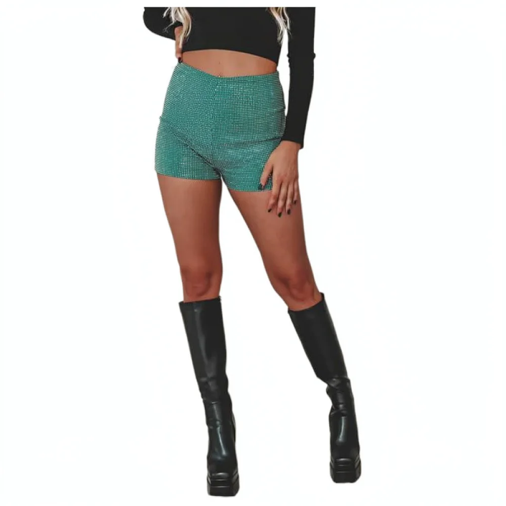 High Waisted Rhinestone Shorts Women Sexy Slim Fit Elastic Hot Pants Glitter Sparkly Party Clubwear Summer Fashion Bottoms