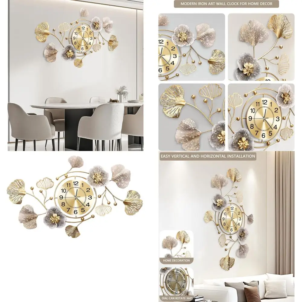 

Clocks for Living Room, Large Wall Clock, 3D Silent Wall Clock, Retro Metal Ginkgo Leaf Design, for Bedroom Kitchen Decorative W