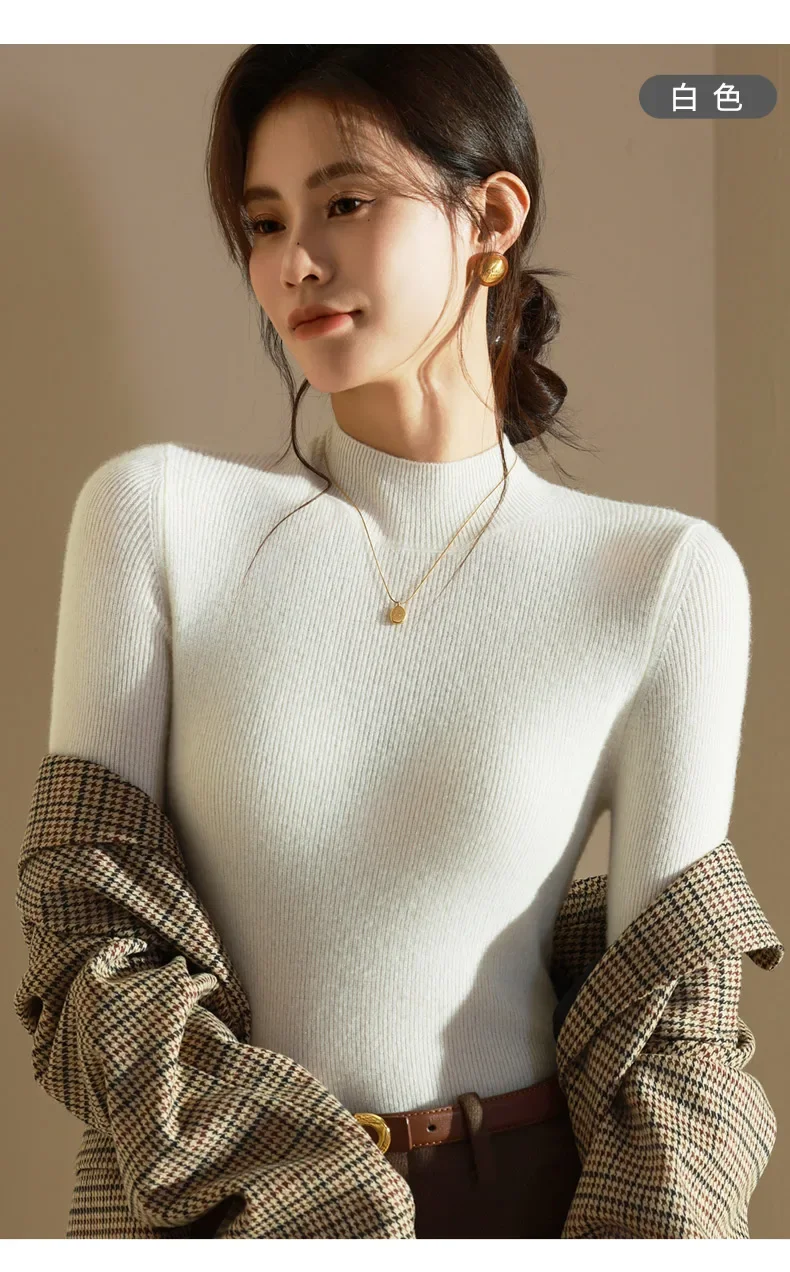 ผู้หญิง SLIM FIT CASHMERE เสื้อกันหนาวคอสูงสีดํา Bottoming เสื้อสําหรับฤดูใบไม้ร่วงฤดูหนาวเสื้อแจ็คเก็ตแฟชั่น