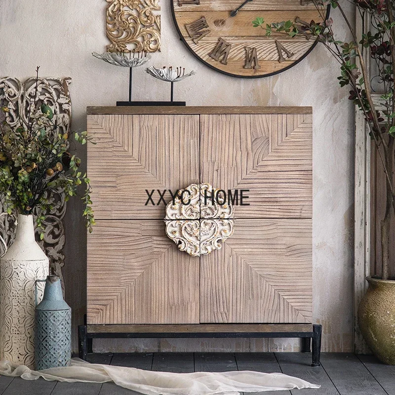 

Bed & Breakfast Curio Cabinet Carved Living Room Wall Cabinet Vintage Distressed Locker Iron Art