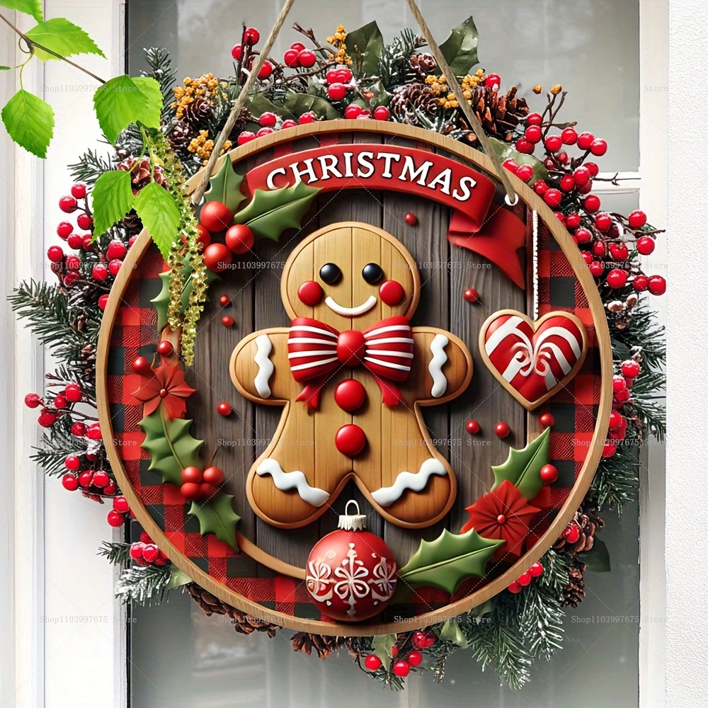 2D Merry Christmas Red Black Plaid Berry Gingerbread Man Wooden Wreath Sign Wall Hanging Sign for Front Door Porch Home Decor