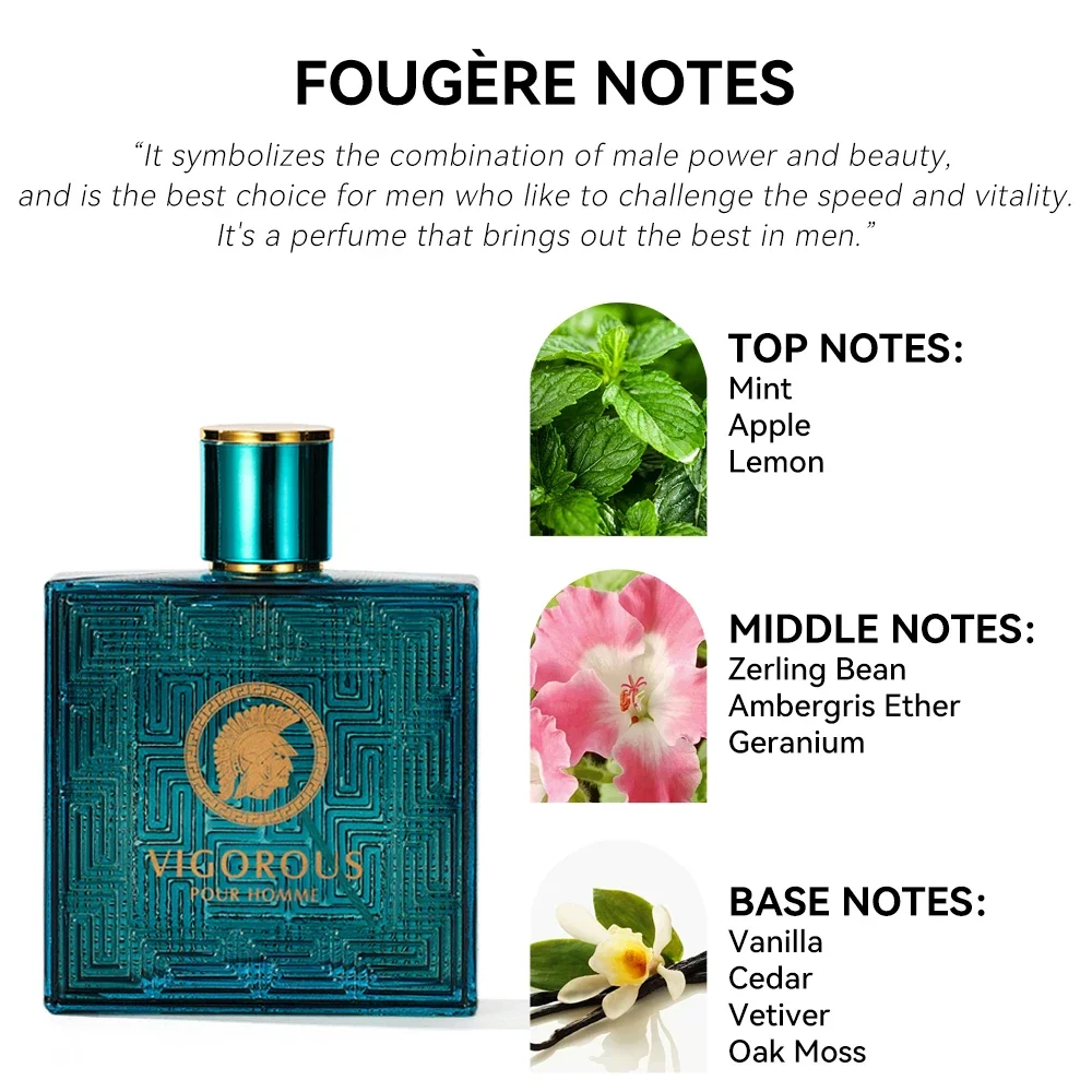 100ML 3.4FL.OZ Men's Perfume Romantic Fougère Notes Men's Colognes Vanilla,Green Leaves,Fresh & Spicy Fragrance Spray for Man