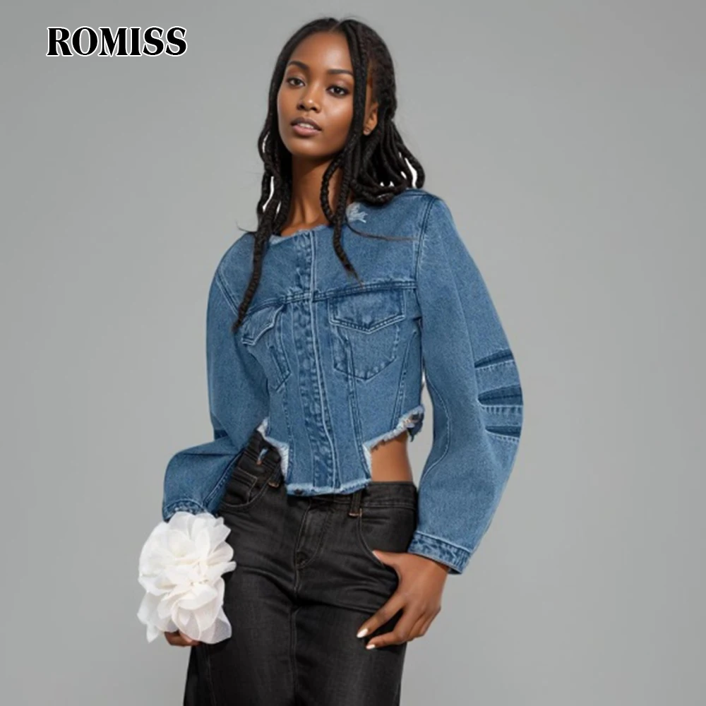 

ROMISS Streetwear Denim Jackets For Women Round Neck Long Sleeve Single Breasted Loose Casual Hit Color Spring Coat Female