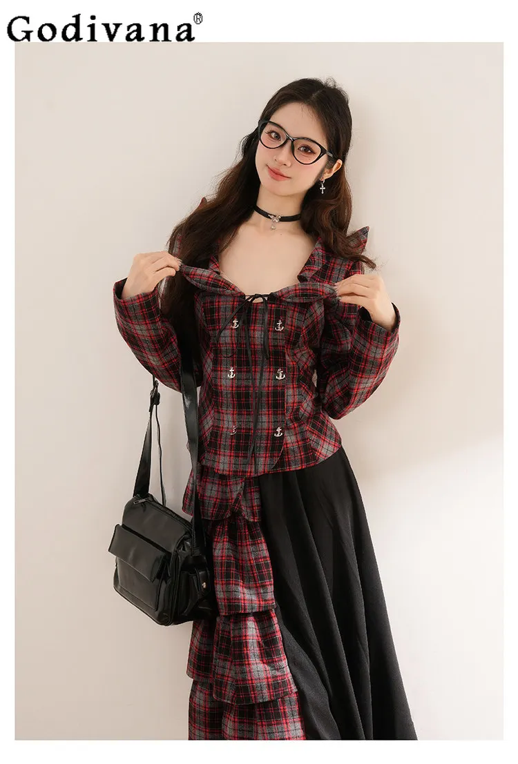 

Japanese-style Red Plaid Studded Punk-style Skirt Set for Women 2026 Spring Sweet Cool Fashion Two-piece Outfit for Commuting