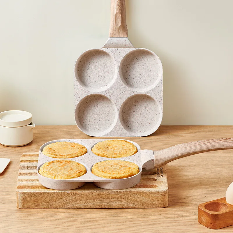 

4 Hole Frying Pan Non Stick Breakfast Burger Egg Pancake Maker Wooden Handle Medical Stone Four Hole Omelet Pan