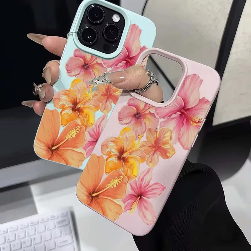 حافظة هاتف على شكل زهرة الكركديه المائية لهاتف آيفون 16e 16 15 14 13 12 11 Pro Max Plus X XR XSMax جلد صناعي ناعم من البولي يوريثان