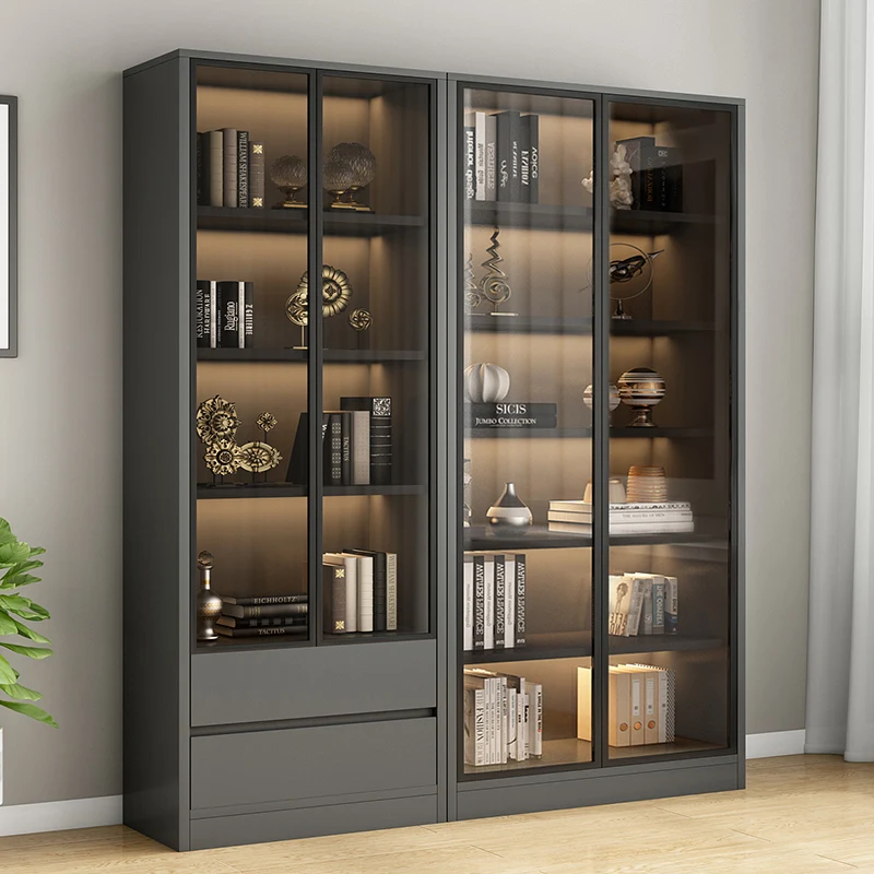 

Bookcase with glass door all solid wood modern light luxury household living room integrated whole wall to top bookshelf display