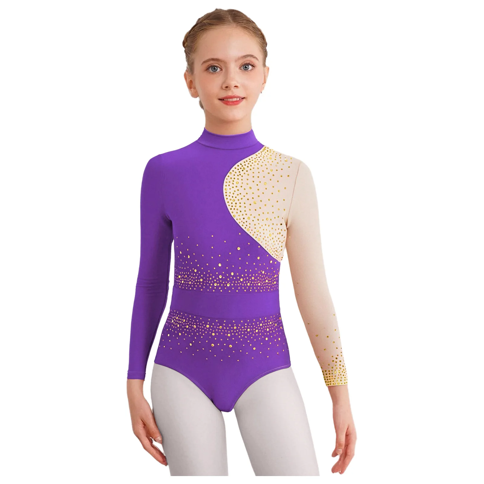 

Kids Girls Gymnastics Leotard Mock Neck Long Sleeves Sparkly Rhinestones Color Block Bodysuit Figure Skating Dance Unitards