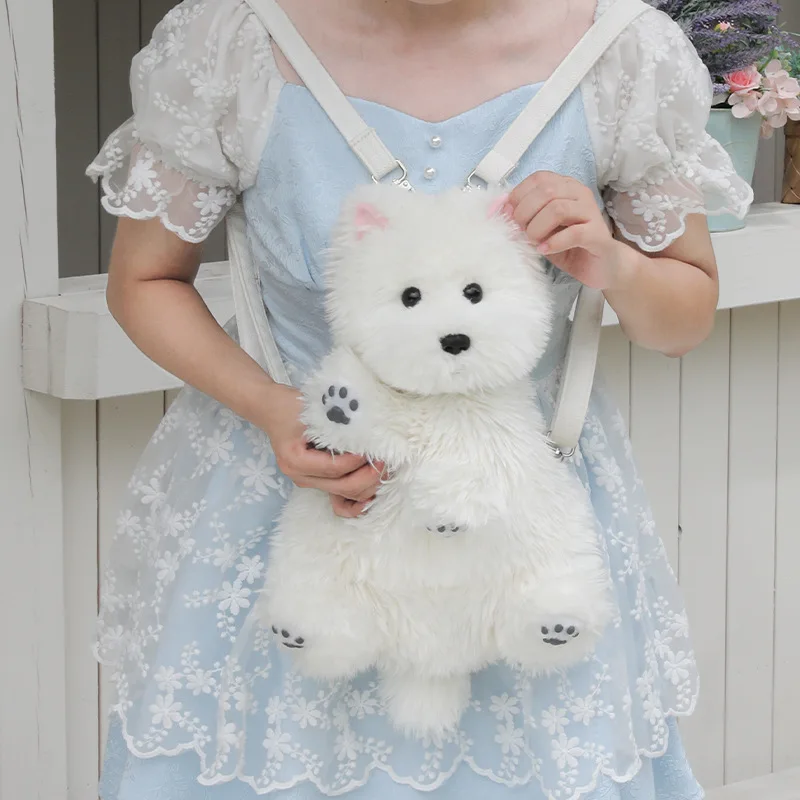 

White Super Realistic Cute Plush Dog Backpack Pure Handmade Cute Dog Plush Shopping Bag Travel Storage Makeup Bag Birthday Gift