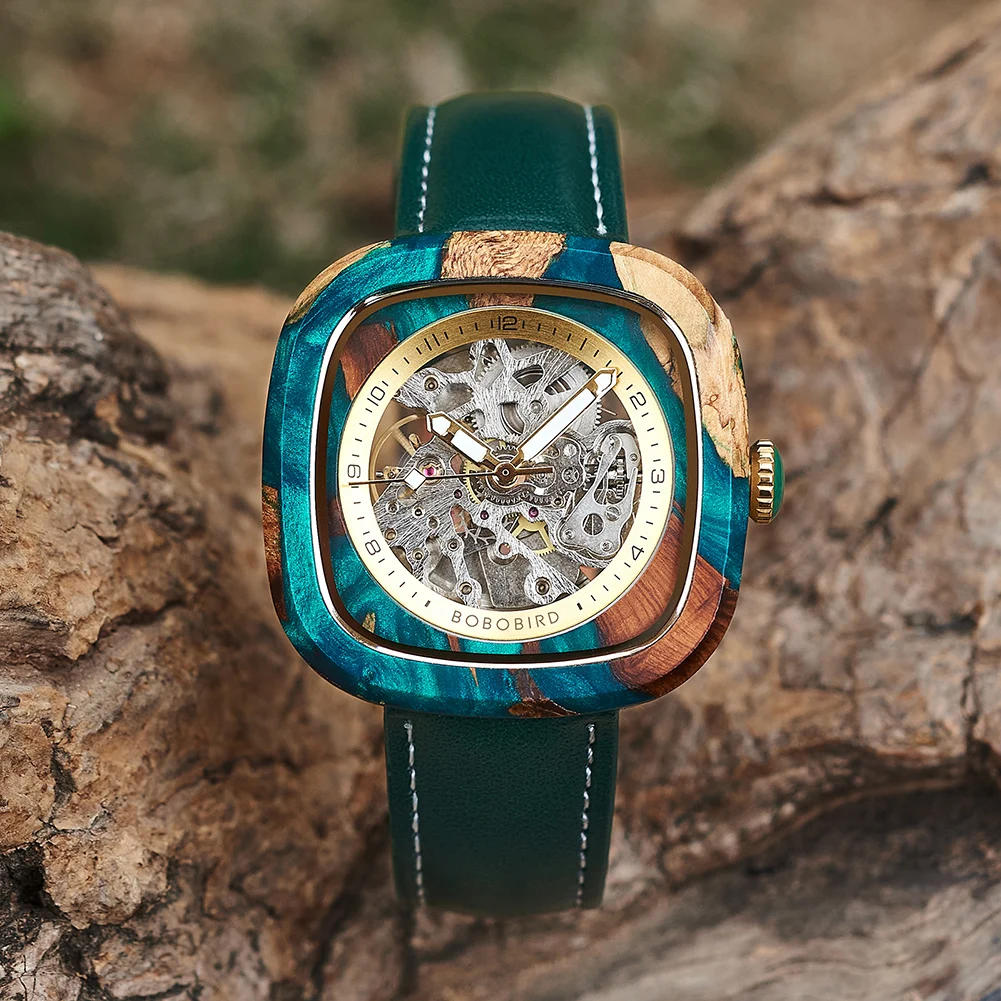 Bobo Vogel mechanische Uhr Herren Leder uhren hand gefertigte Harz Uhren angepasst in Holz Geschenk box Reloj Hombre Drops hip