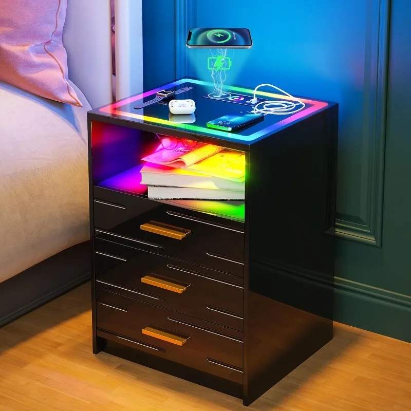 Nightstand with Wireless Charging Station and 3 Color Auto Sensor,Touch Screen Bedside Table with USB&Type-C Ports and 3 Drawer