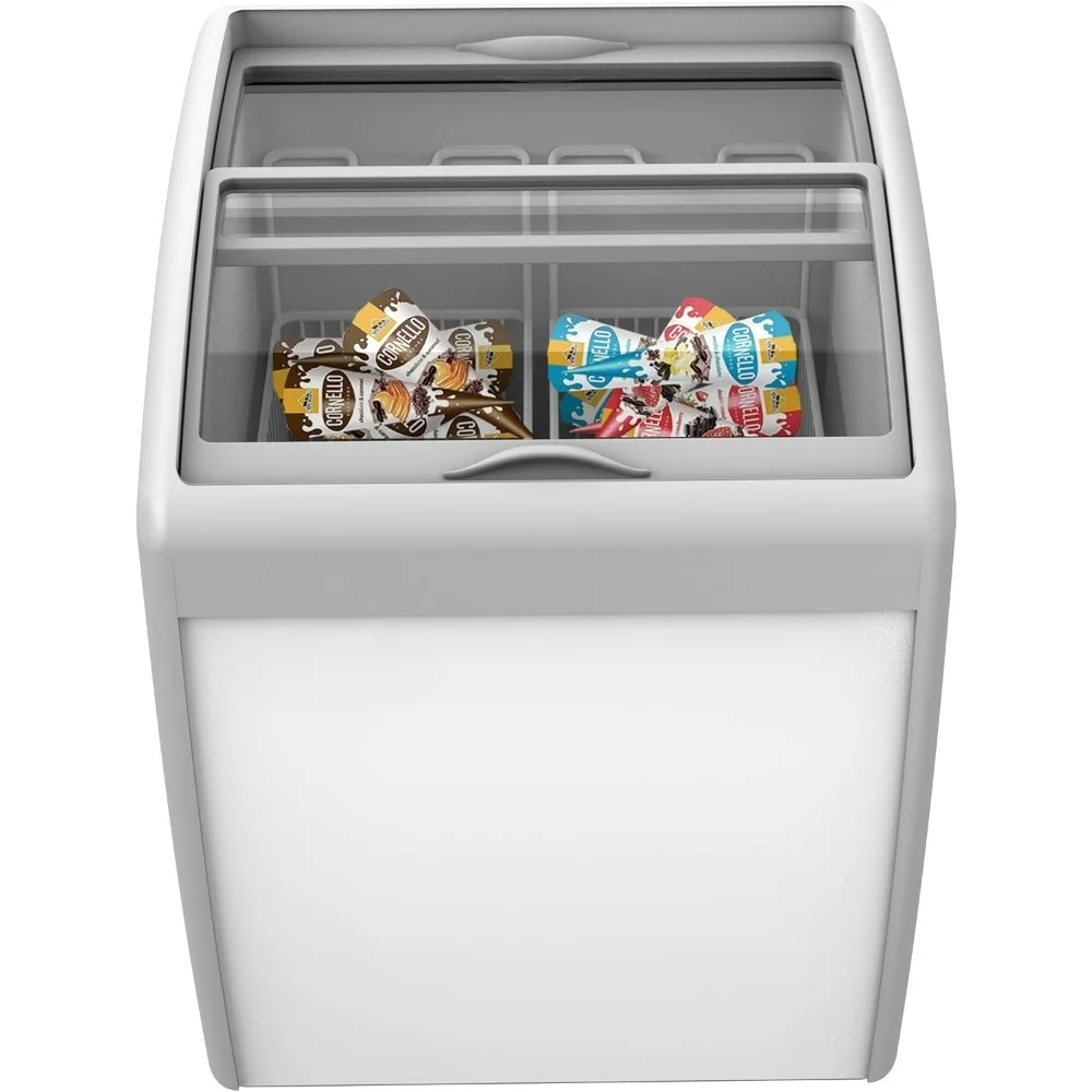 Commercial Ice Cream Freezer Display Case Glass Top with 2 Storage Baskets Clear, Sliding Lid, Capacity 5.7 cu ft, White