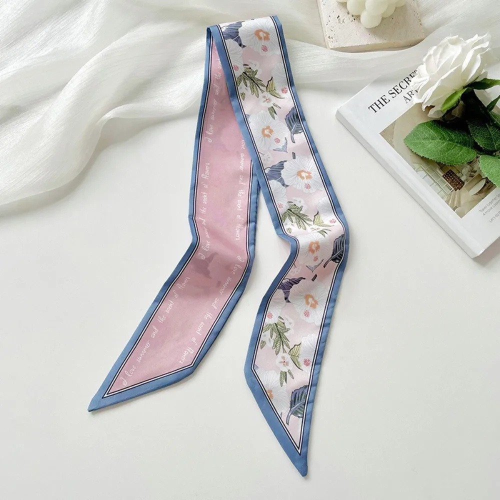 Élégant foulard floral en satin de soie, écharpe fine et étroite, bandeau à nouer, longue décoration de sac, foulard de vacances