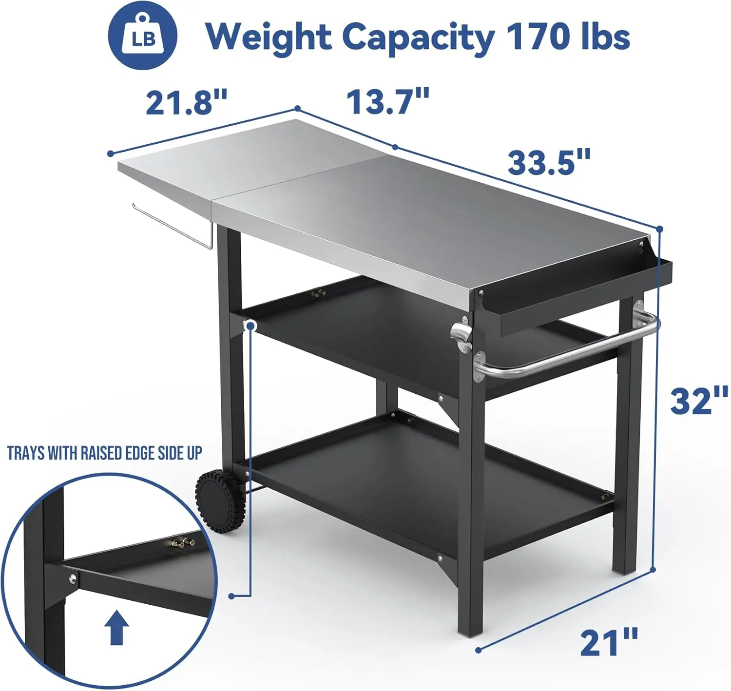 Movable Outdoor Dining Cart Table, Three-Shelf Stainless Steel BBQ Grill Cart,Food Prep Flattop