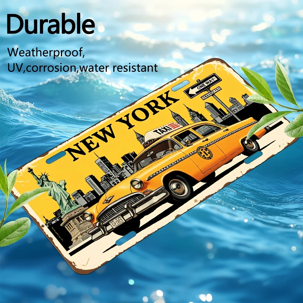 Vintage Metal Taxi License Plate Frame 6x12 Inch, 2D Flat NYC Cab Sign for Home Bar Garage Man Cave Wall Decor