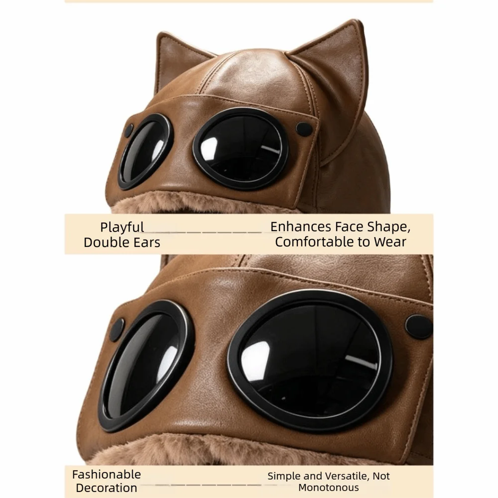 Fashion Windproof Winter Pilot Hat With Goggles Beanie Pu Cycling Lei Feng Hat Velvet Plush Earflap Cap Skiing