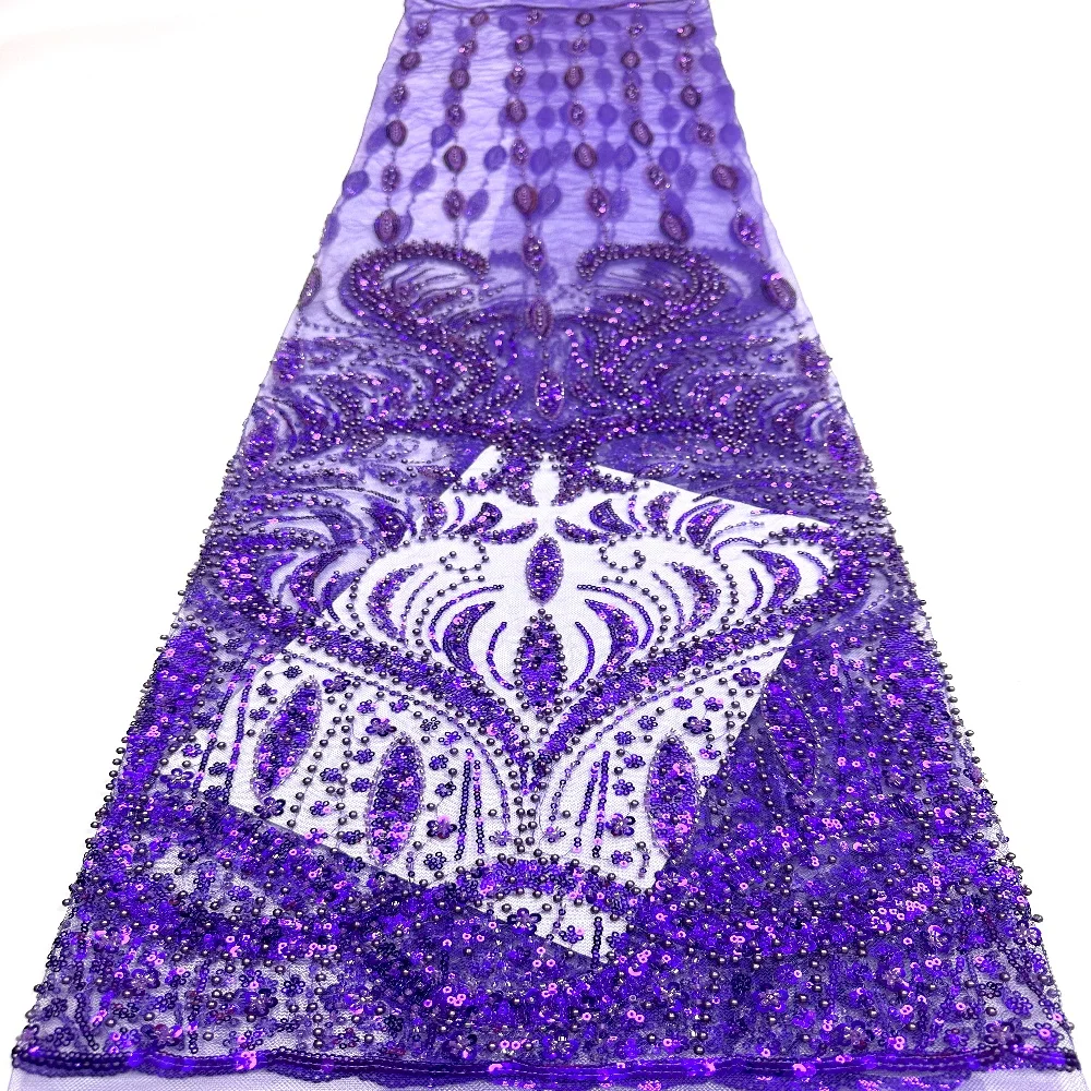 

Африканская кружевная ткань с бисером 2026, яркая фиолетовая нигерийская кружевная ткань с блестками, швейный материал для свадебного платья, 5 ярдов