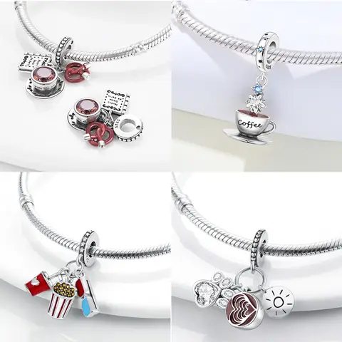 Original Silver Charms Beads Fit Bracelets Bag Keychain Charms Diy Women Gift Accessory Coffee Tea Cup Food Pattern Ornaments