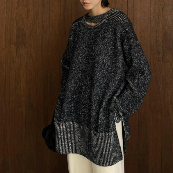 

Gagarich Sweater Women 2025 Autumn Winter New Split Double Wear V-neck Long Sleeved Top Lazy Style Knitted Pullover Top