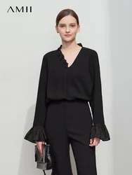 AMII Minimalist Chiffon Shirt For Women 2025 Autumn New Office Lady V-neck Ruffle Splicing Loose Long Sleeved Blouse 12511078