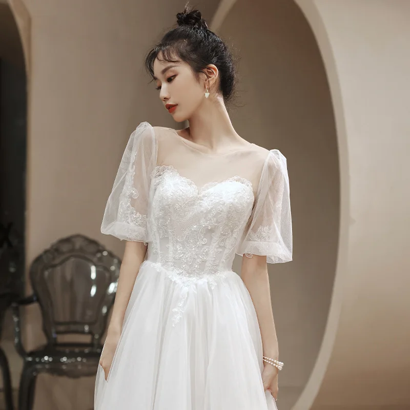 Elegant Mesh O-Neack Puff Sleeve Applique Back Banding Bride Bridesmaid Gowns Party Banquet Female Dresses Cheongsam