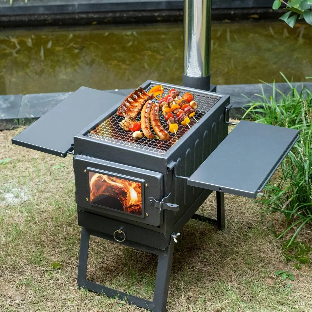 Portable Wood-Burning Camping Grill Firewood BBQ with Cooking Grate and Spark Screen for Outdoor, Backyard, Backpacking