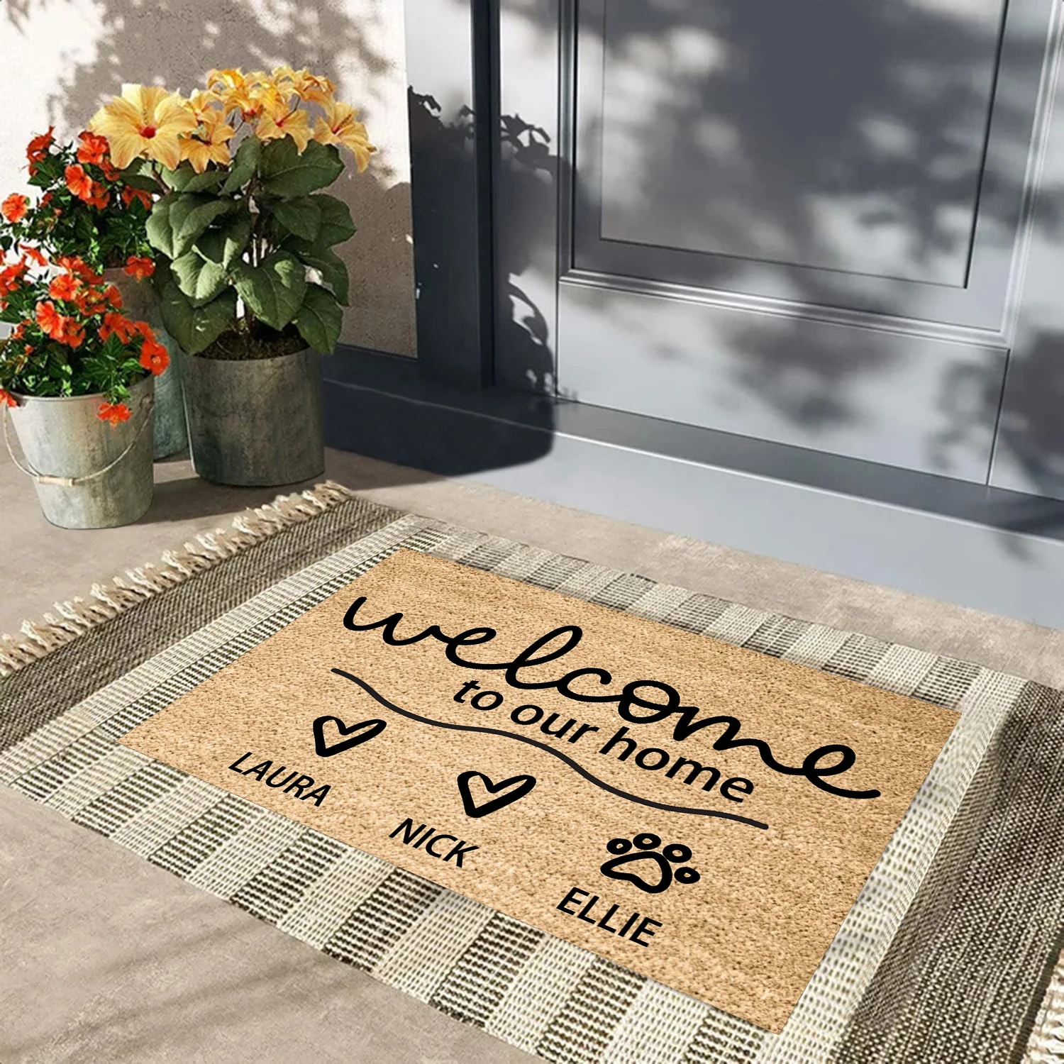 Custom Family & Pet Name Welcome Mat Rubber Anti Slip, Housewarming Gift Personalized Doormat Pet Lover Gift Personalized Gift