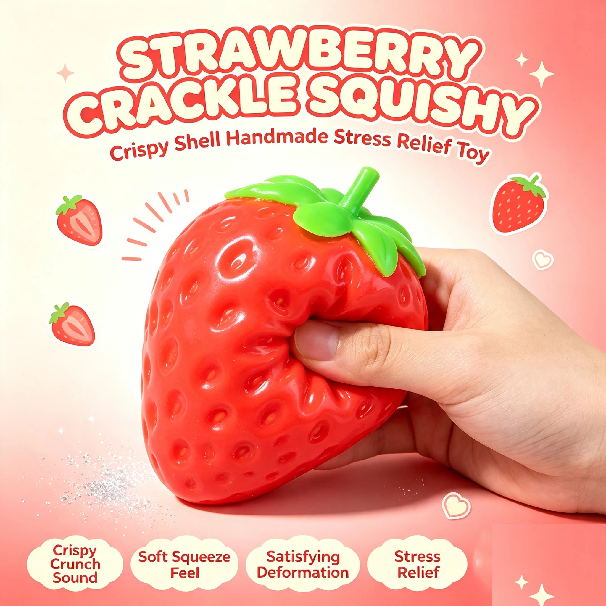 Strawberry Crunchy Squishy 9cm Stress Ball Toy Handmade Crispy Fidget Ball Building Block Filling Sensory Relief Hand Exercise G