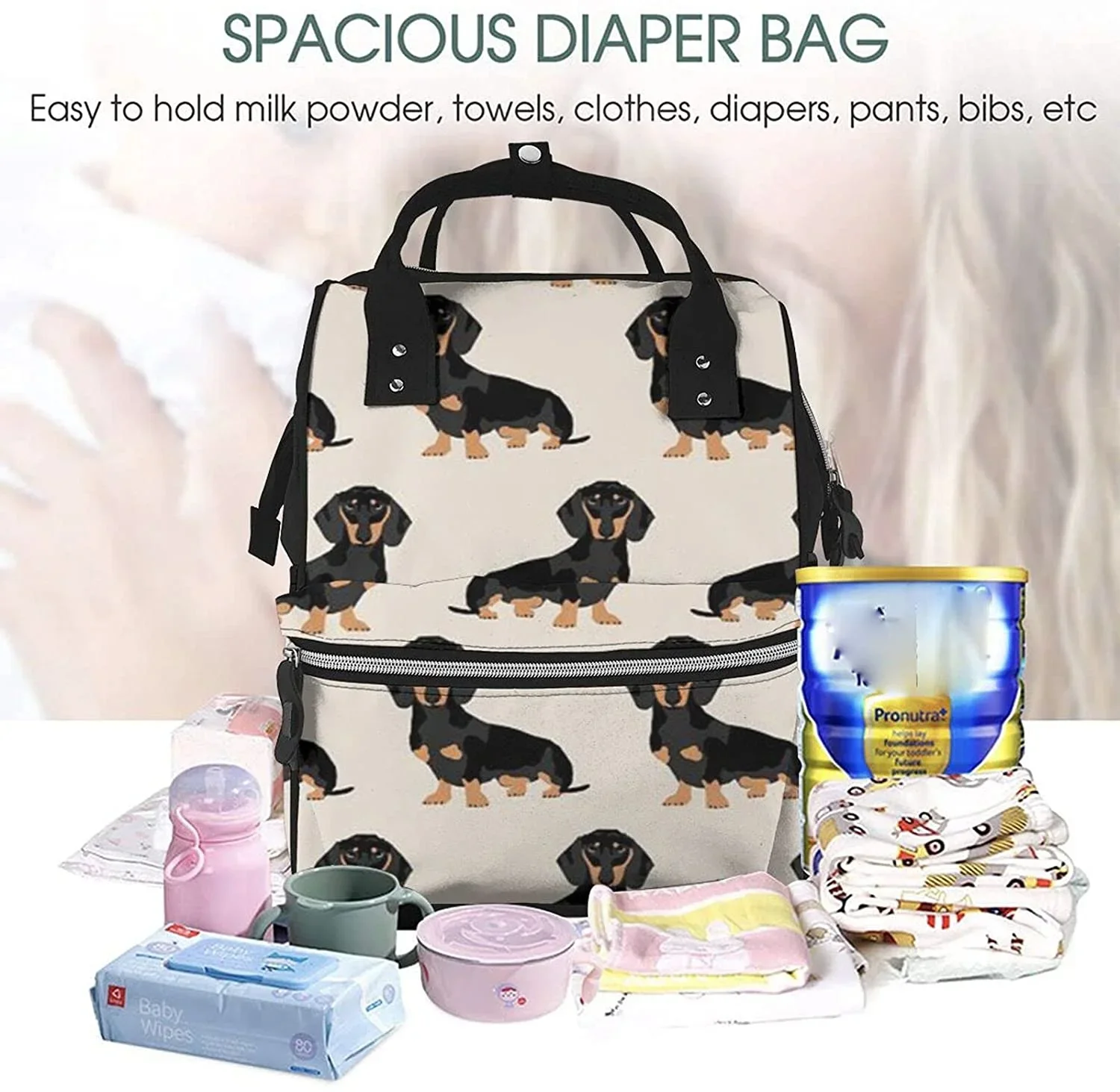 Dachshund Dog Printed Mummy Backpack Diaper Bag Multi-Function Maternity Nappy Bags, Kid Bag with Laptop Pocket,Stroller Straps