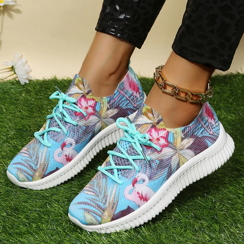 Fashion Print Knitting Sneakers for Women 2023 Autumn Breahable Mesh Running Shoes Woman Soft Sole Slip On Casual Flats Footwear