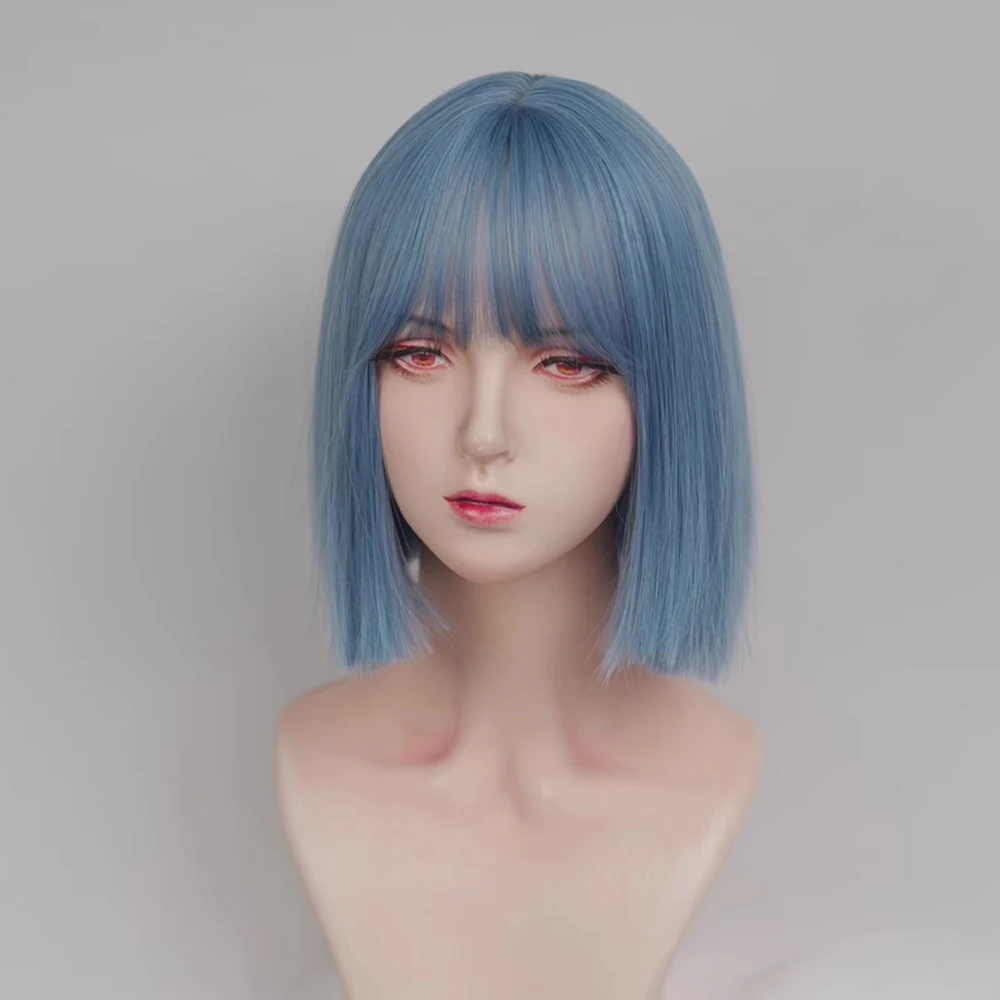 VICWIG Short Straight Blue Wig with Bangs Synthetic Women Lolita Cosplay Natural Hair Wig for Daily Party