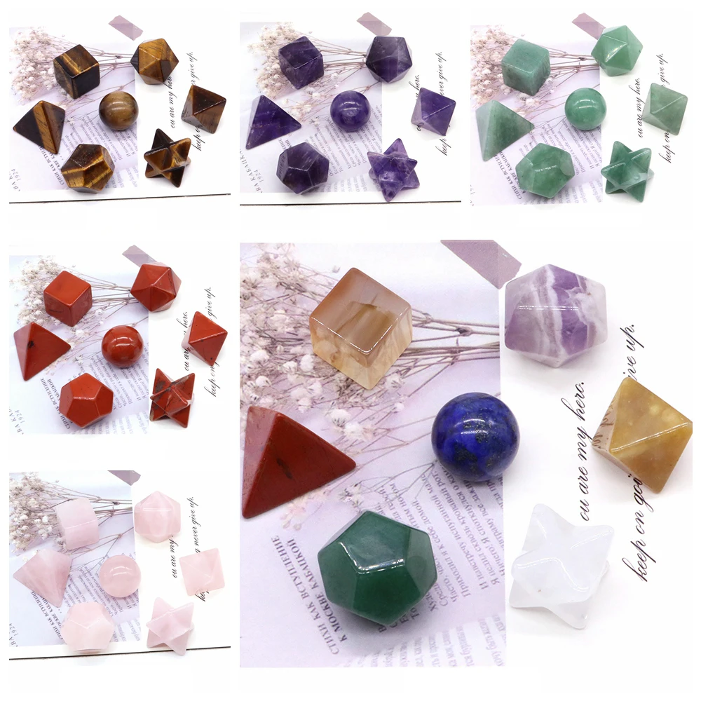 Natural Carved Stone 7 Chakra Healing Crystal Sacred Geometric Platonic Solids Merkaba Star Set for Meditation Jewelry Bead