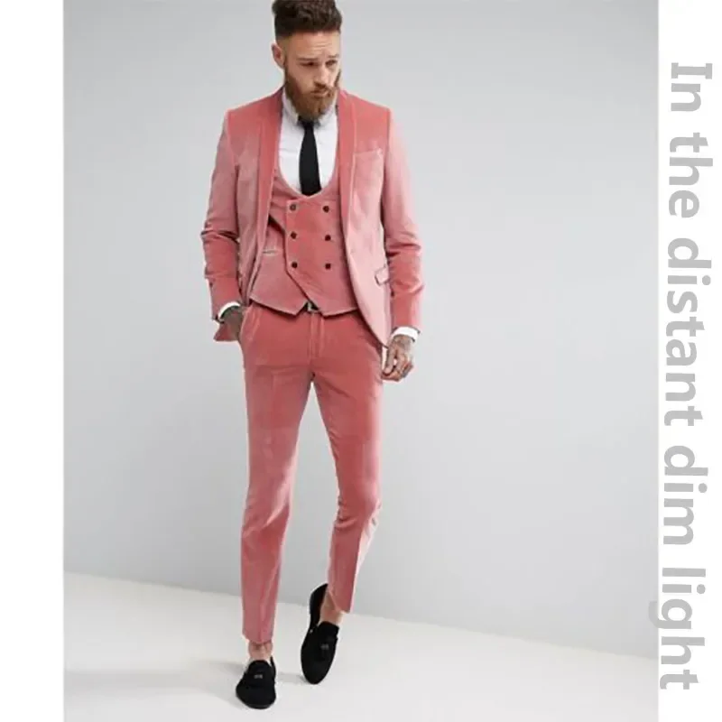 2024 Autumn Warm Velvet Pink Elegant Suits For Men Casual Slim Fit Blazers Hombre High Quality Custom 3 Piece Set Costume Homme