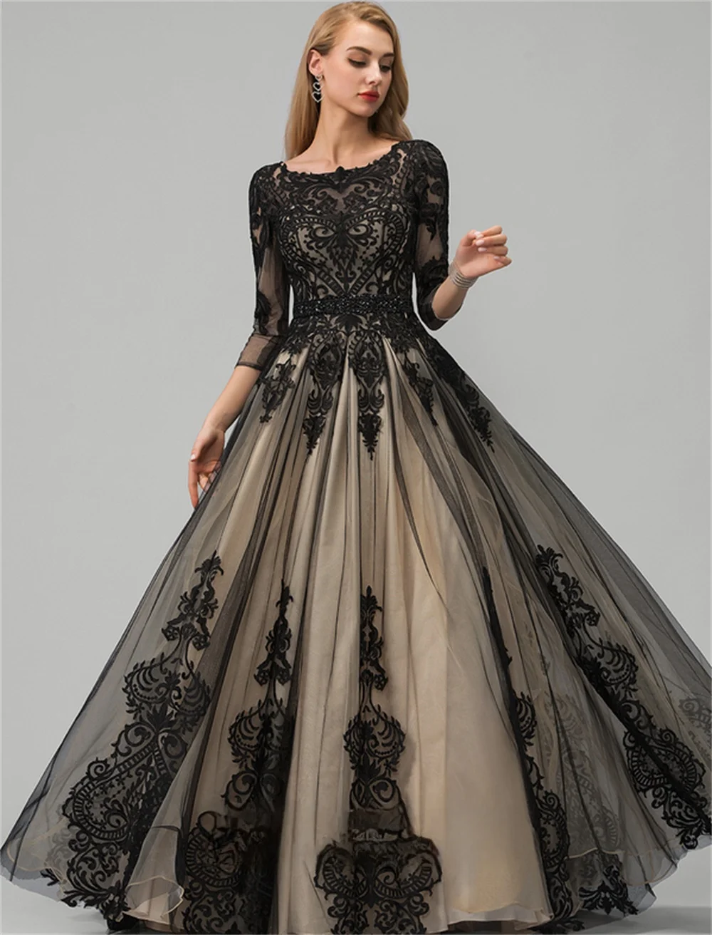 A-Line Princess O-Neck Floor-Length 2022 Appliques Sequins Beading Ladies Formal Prom Evening Party Dress Tthree Quarter Sleeves